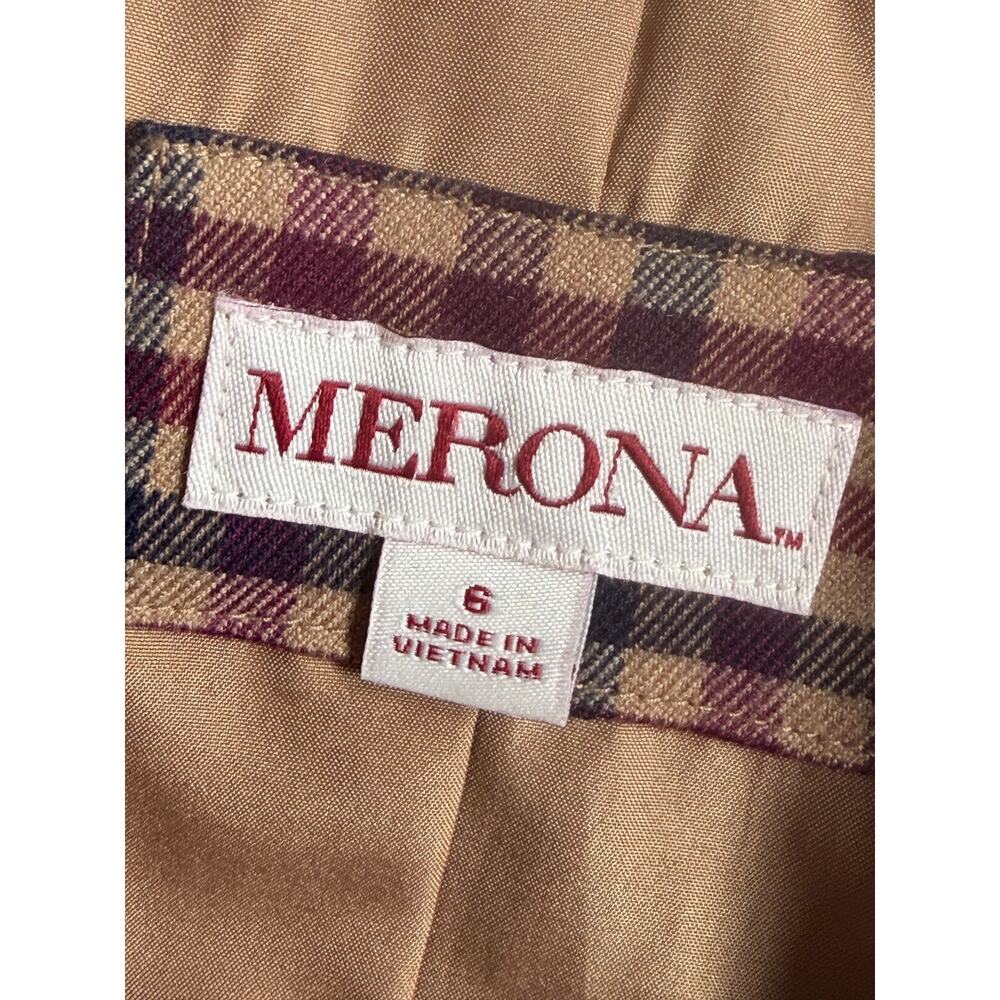 Merona Women's Burgundy & Brown Gingham Check Button Up Collared Blazer Sz 6 - Picture 3 of 7